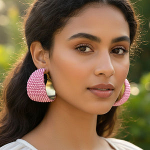 White Bling Pavé Crystal Wide Hoop Earrings on Gold – 1.8" | 700844