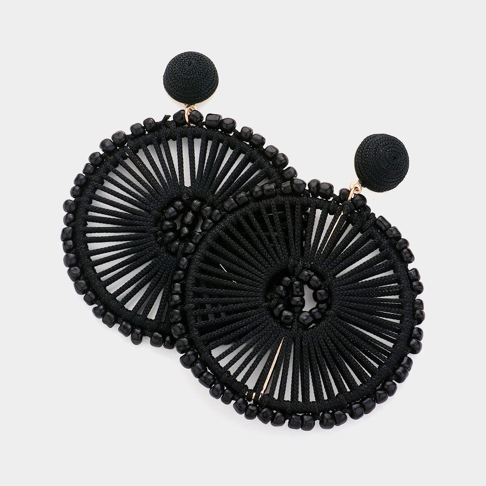 Black Thread and Seed Beads Wheel Dangle Fun Fashion Earrings