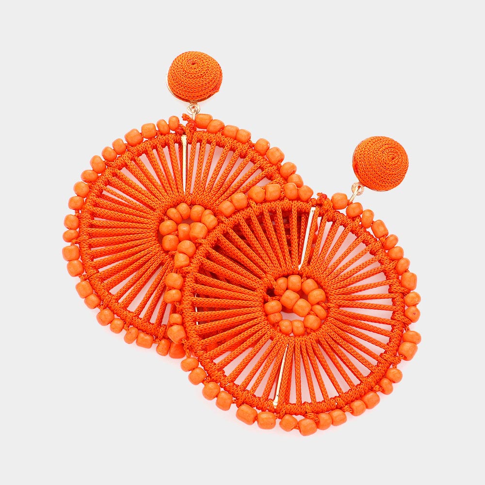 Orange Thread and Seed Beads Wheel Dangle Fun Fashion Earrings