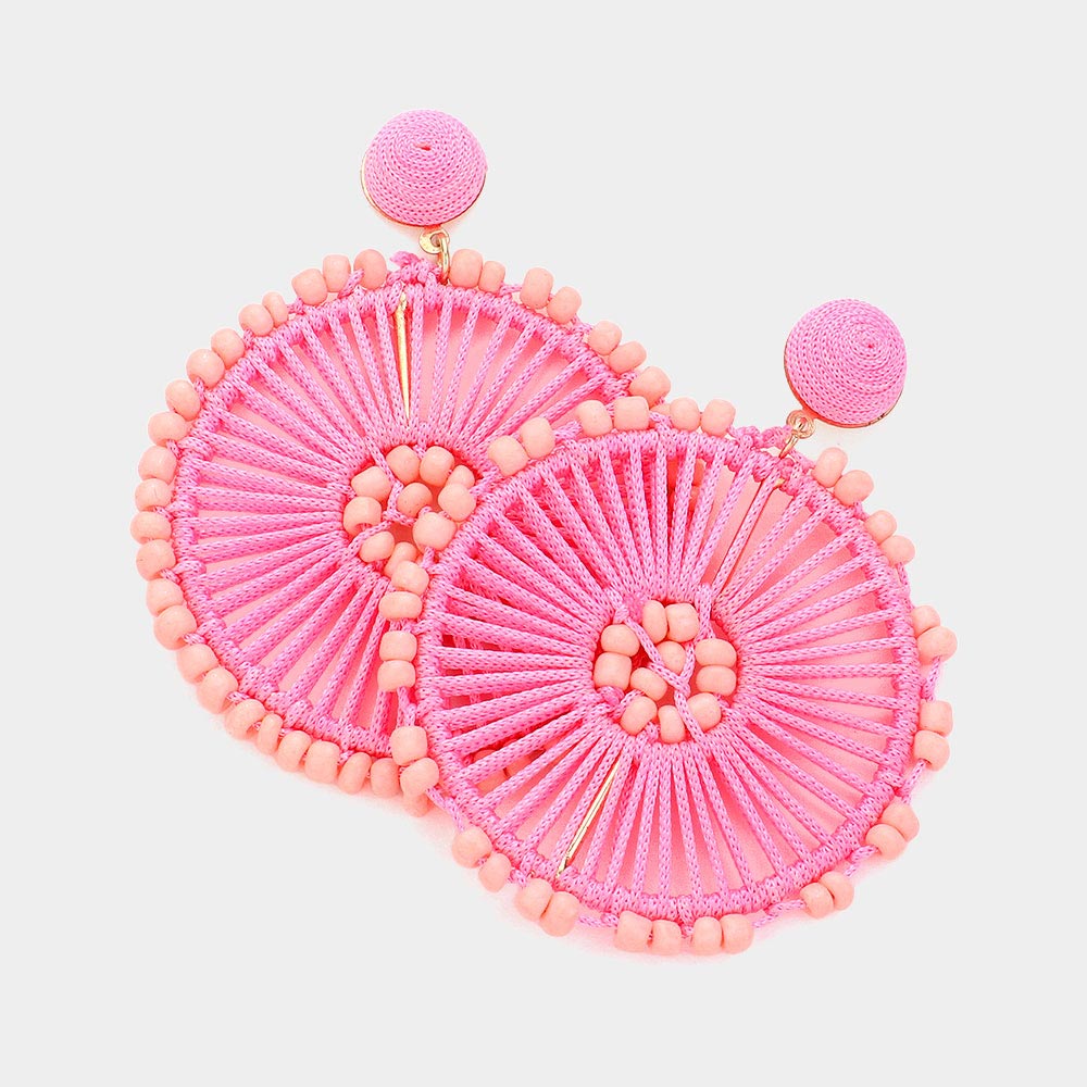 Pink Thread and Seed Beads Wheel Dangle Fun Fashion Earrings