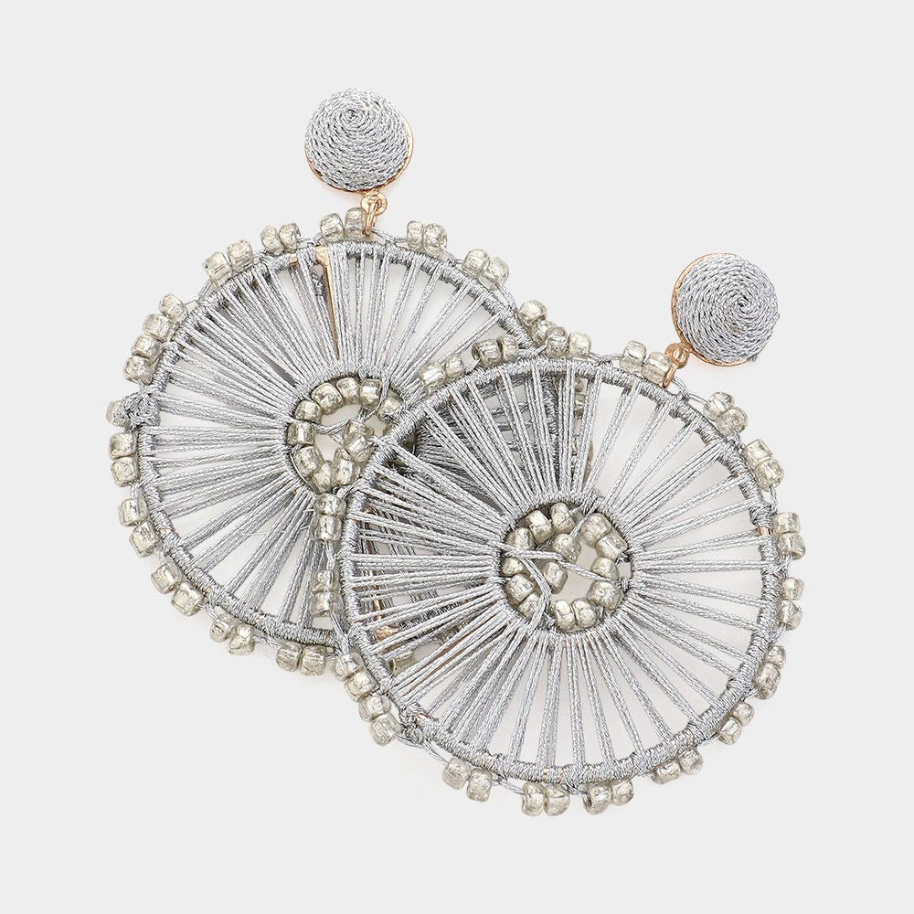 Silver Thread and Seed Beads Wheel Dangle Fun Fashion Earrings