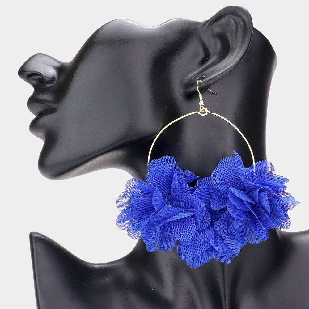 Blue Floral Fabric Cluster on Metal Circle Pageant Earrings | Fun Fashion Earrings