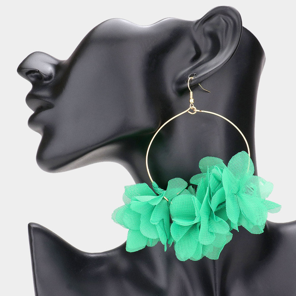 Green Floral Fabric Cluster on Metal Circle Pageant Earrings | Fun Fashion Earrings