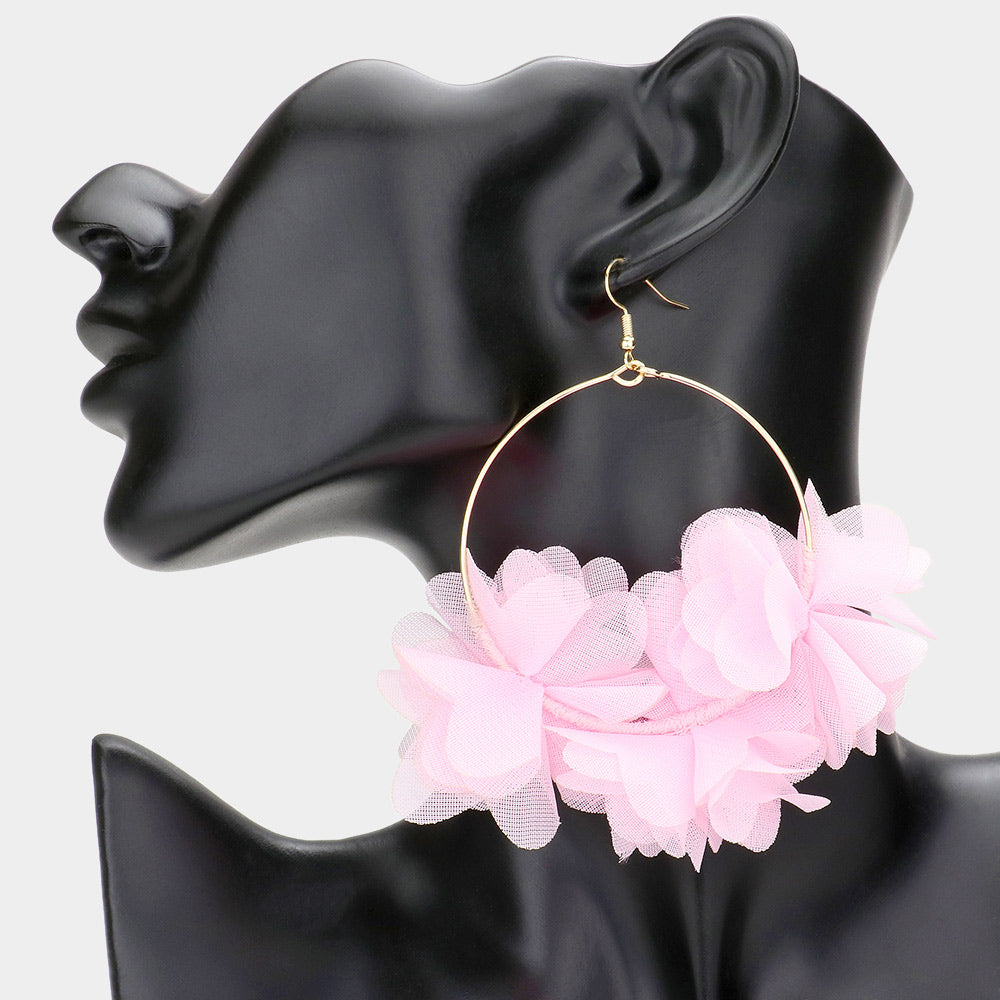 Pink Floral Fabric Cluster on Metal Circle Pageant Earrings | Fun Fashion Earrings