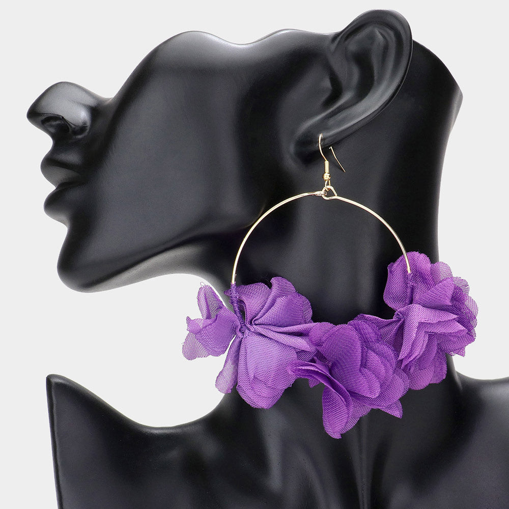 Lavender Floral Fabric Cluster on Metal Circle Pageant Earrings | Fun Fashion Earrings