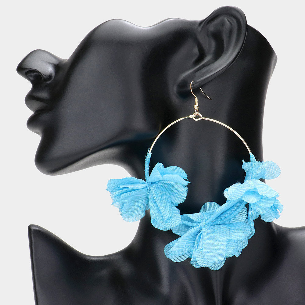 Turquoise Floral Fabric Cluster on Metal Circle Pageant Earrings | Fun Fashion Earrings