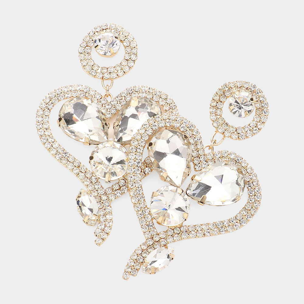 Teardrop and Rhinestone Heart Shaped Evening Earrings on Gold |  562804