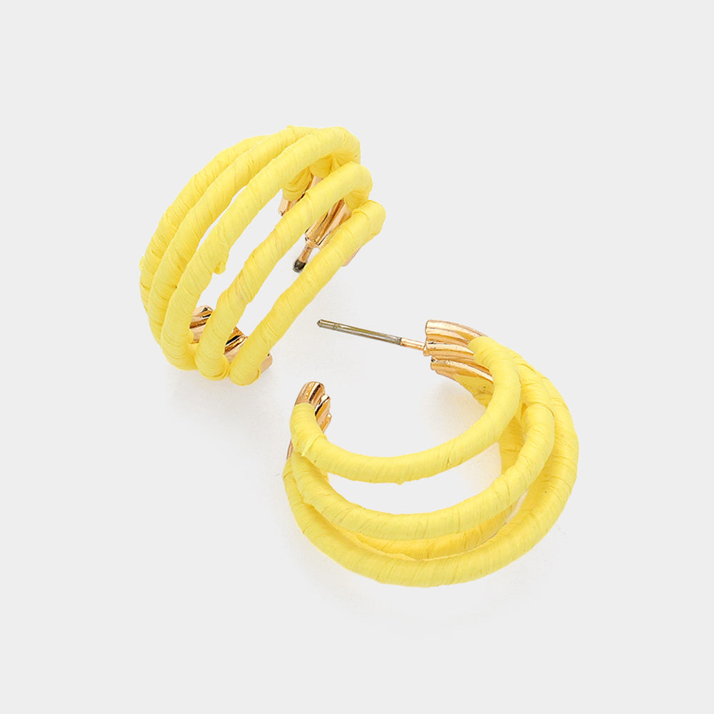 Young Girls Yellow Raffia Wrapped Split Hoop Fun Fashion Pageant Earrings | Outfit of Choice