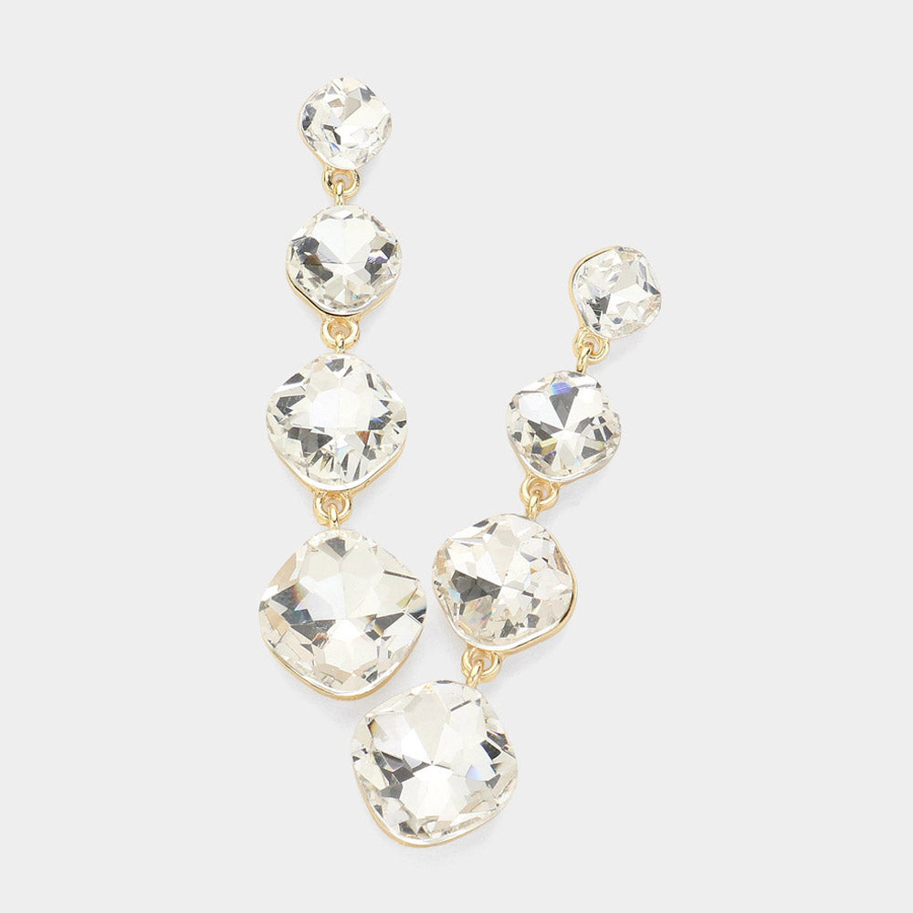 Clear Round Stone Link Drop Pageant Earrings on Gold | Prom Earrings