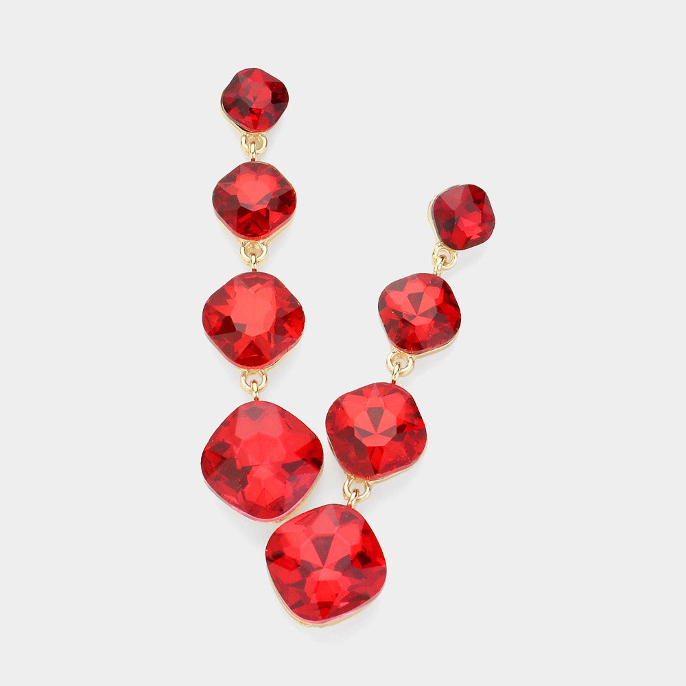 Red Round Stone Link Drop Pageant Earrings | Prom Earrings