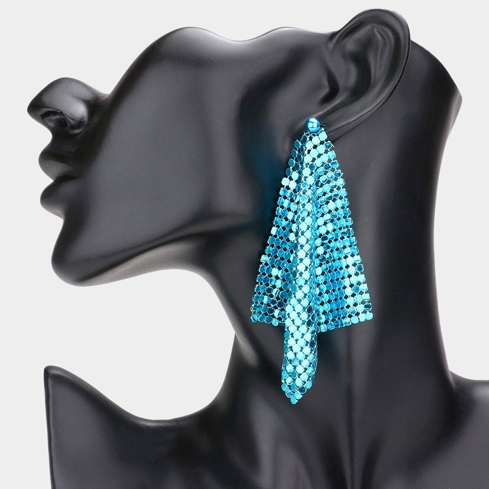 Long Aqua Colored Mesh Chain Dangle Fun Fashion Earrings | Runway Earrings