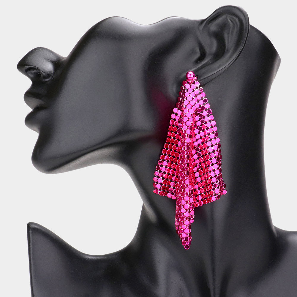 Long Fuchsia Colored Mesh Chain Dangle Fun Fashion Earrings | Runway Earrings
