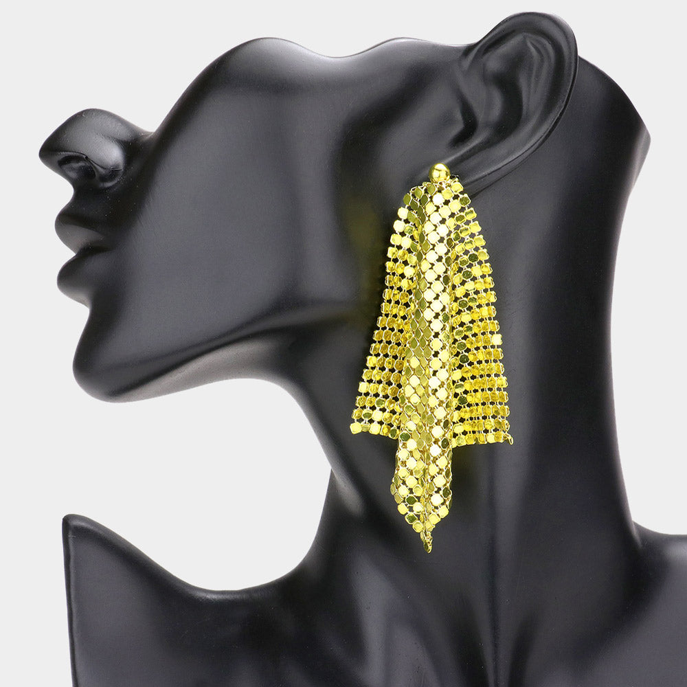 Long Yellow Colored Mesh Chain Dangle Fun Fashion Earrings | Runway Earrings