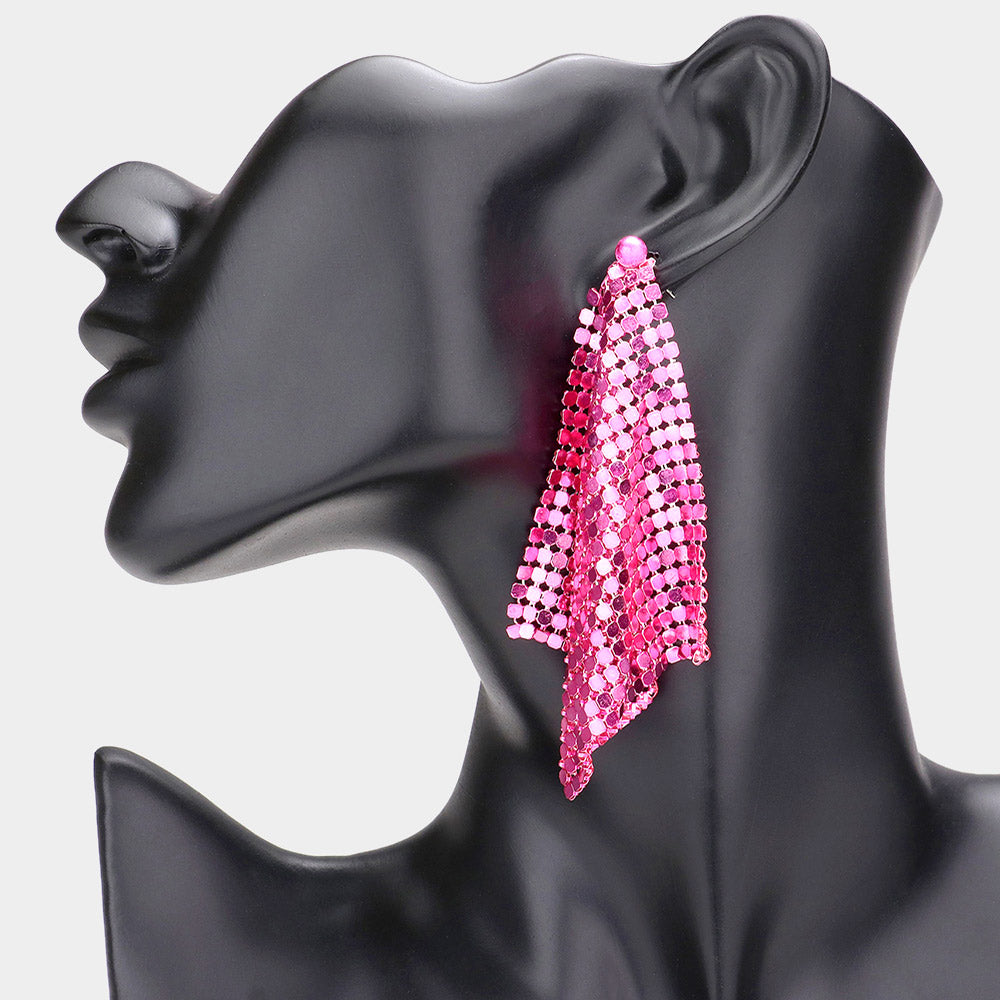 Long Pink Colored Mesh Chain Dangle Fun Fashion Earrings | Runway Earrings