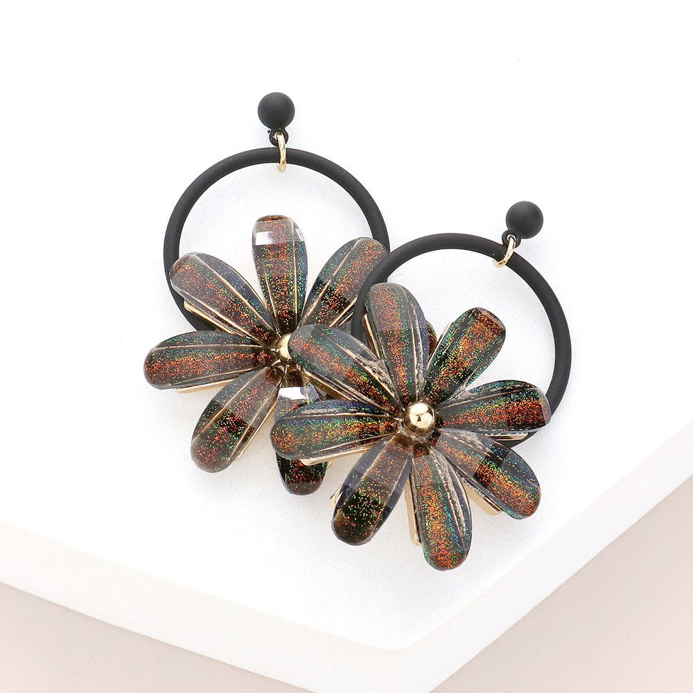 Black Resin Flower Fun Fashion Earrings | Headshot Earrings