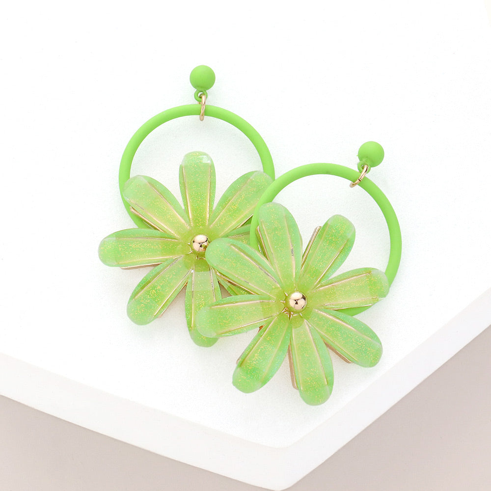 Pastel Green Resin Flower Fun Fashion Earrings | Headshot Earrings