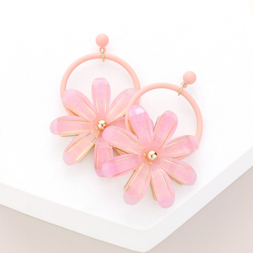 Pastel Pink Resin Flower Fun Fashion Earrings | Headshot Earrings