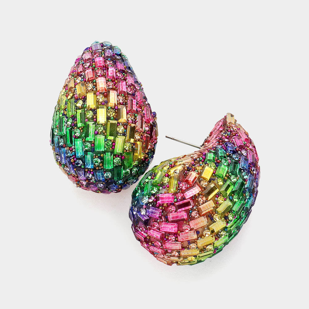 Multi-Color-Multi Stone Embellished Teardrop Pageant Earrings | Prom Earrings