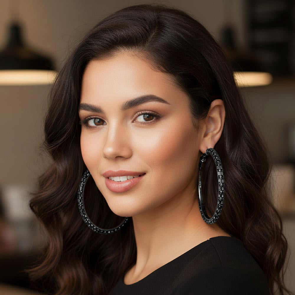 Jet Black Oversized Baguette Rhinestone Hoop Earrings on Black – 3.5" with Omega Back on a model