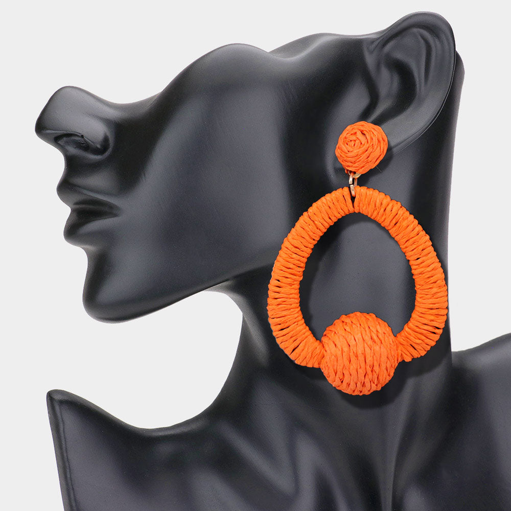 Orange Raffia Ball Accented Open Circle Fun Fashion Earrings | Outfit of Choice Earrings