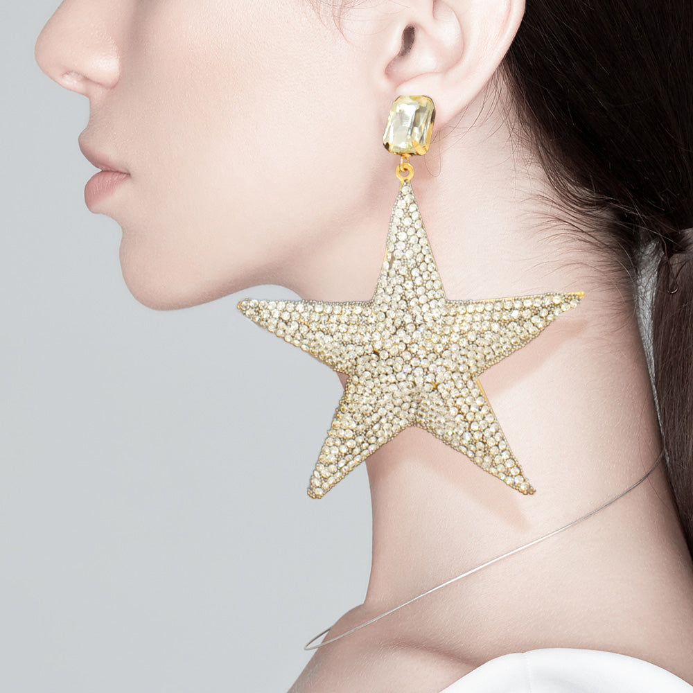 Large Clear Rhinestone Embellished Star Dangle Fun Fashion Earrings on Gold | Outfit of Choice Earrings