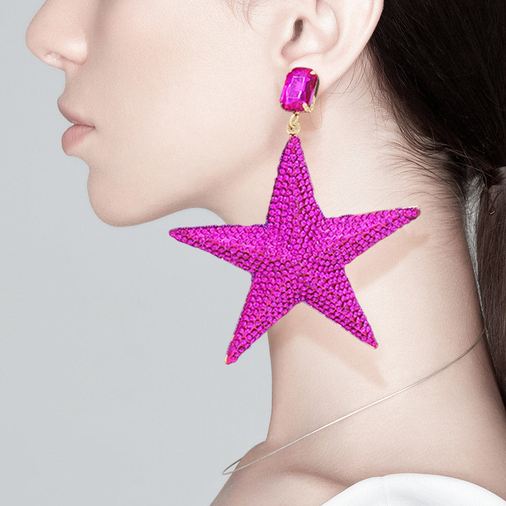 Large Fuchsia Rhinestone Embellished Star Dangle Fun Fashion Earrings | Outfit of Choice Earrings