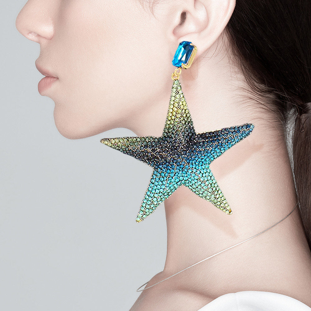 Large Blue Ombre Rhinestone Embellished Star Dangle Fun Fashion Earrings | Outfit of Choice Earrings