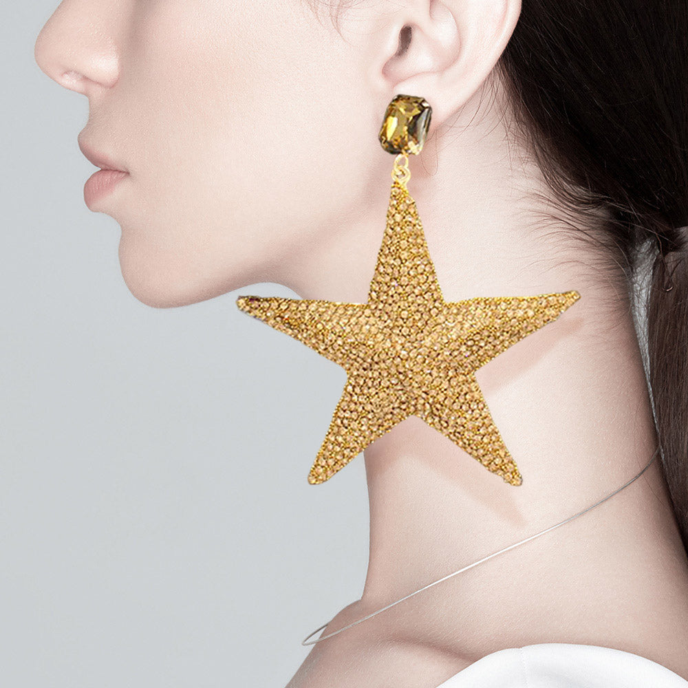 Large Gold Rhinestone Embellished Star Dangle Fun Fashion Earrings | Outfit of Choice Earrings