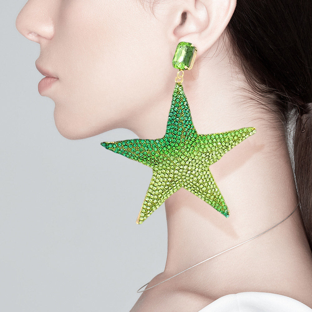 Large Green Ombre Rhinestone Embellished Star Dangle Fun Fashion Earrings | Outfit of Choice Earrings