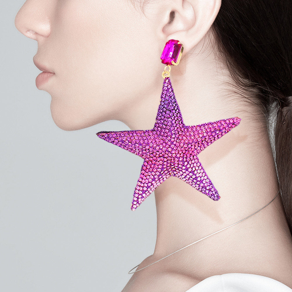 Large Pink Ombre Rhinestone Embellished Star Dangle Fun Fashion Earrings | Outfit of Choice Earrings