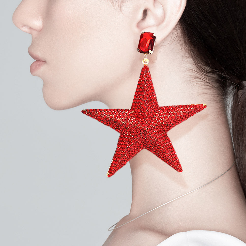 Large Red Rhinestone Embellished Star Dangle Fun Fashion Earrings | Outfit of Choice Earrings