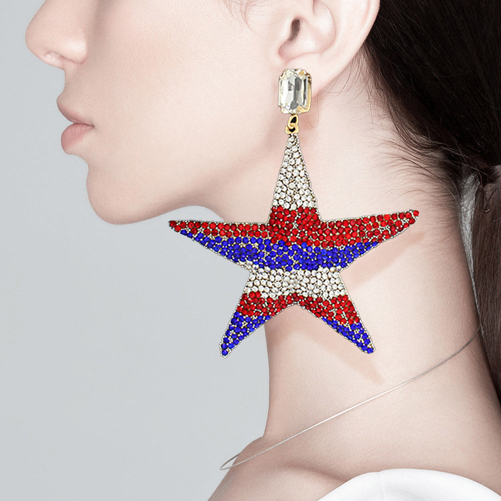 Large Multi-Color Rhinestone Embellished Star Dangle Fun Fashion Earrings | Outfit of Choice Earrings