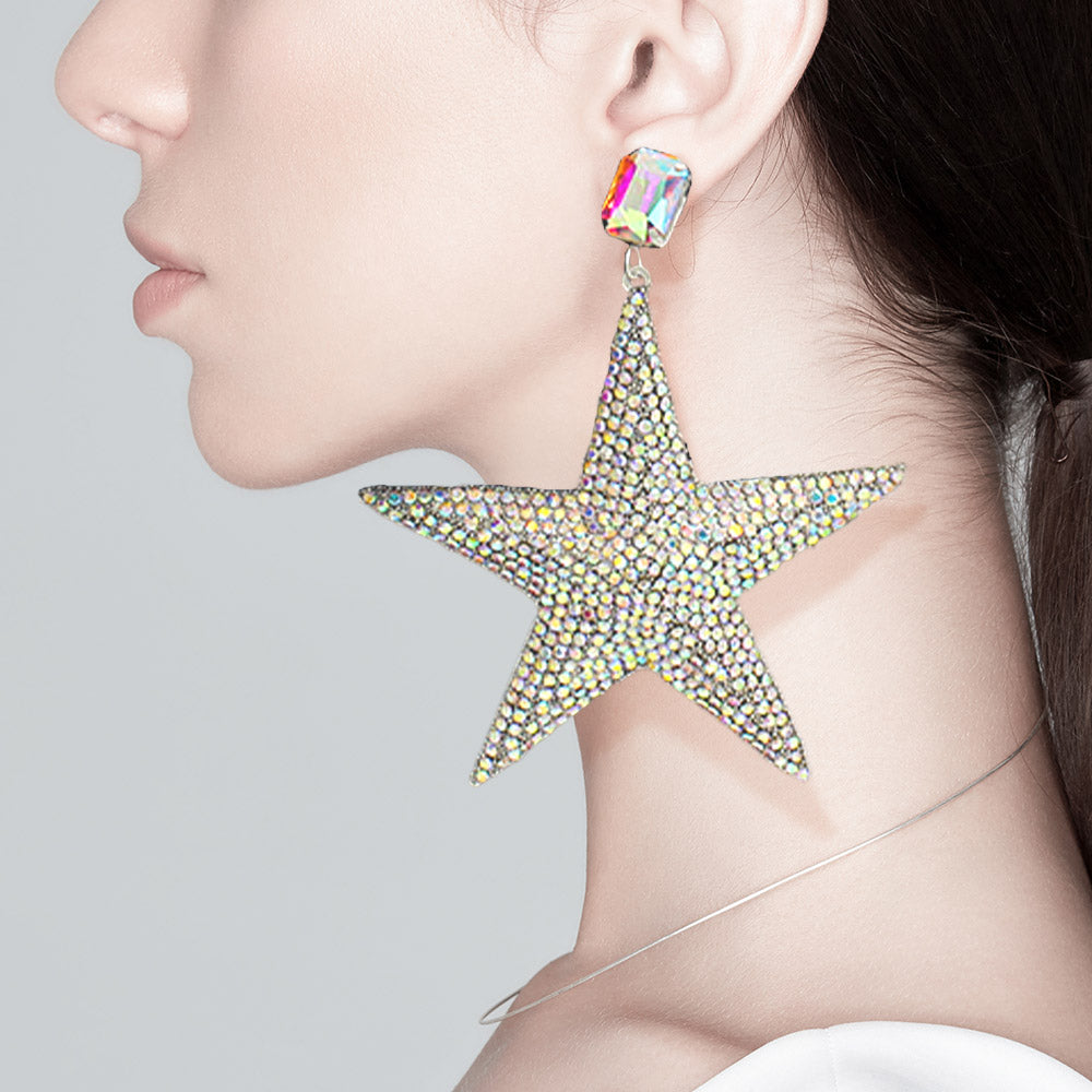 Large AB Rhinestone Embellished Star Dangle Fun Fashion Earrings | Outfit of Choice Earrings