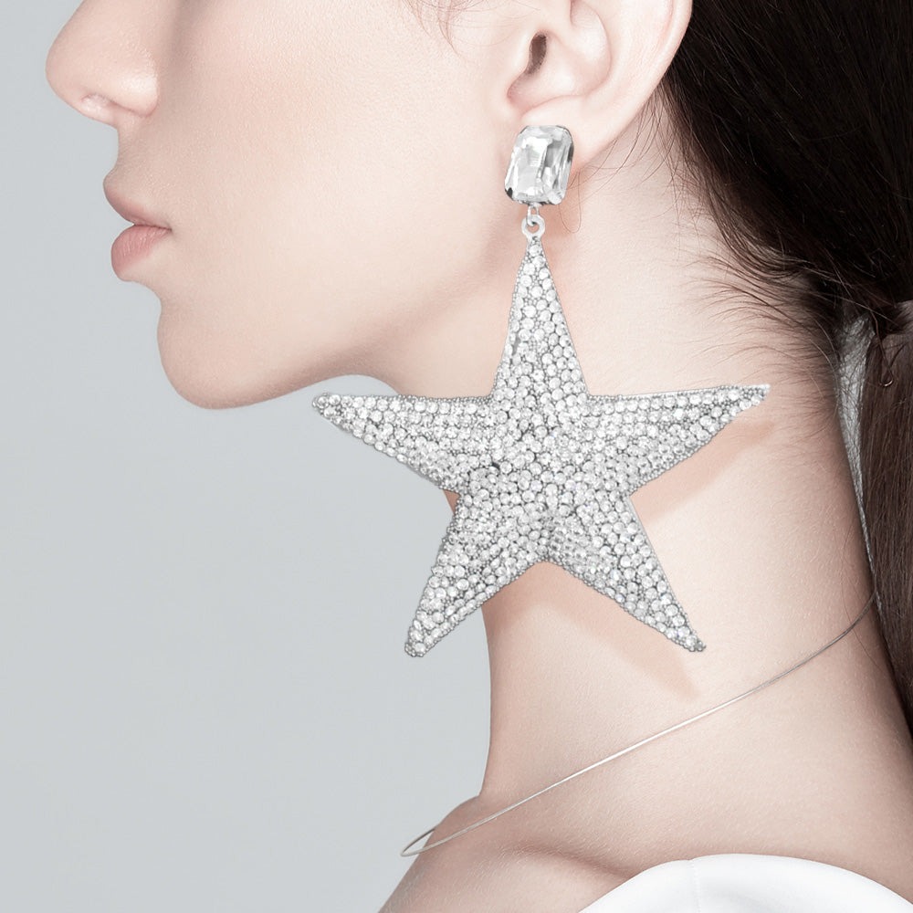 Large Clear Rhinestone Embellished Star Dangle Fun Fashion Earrings | Outfit of Choice Earrings