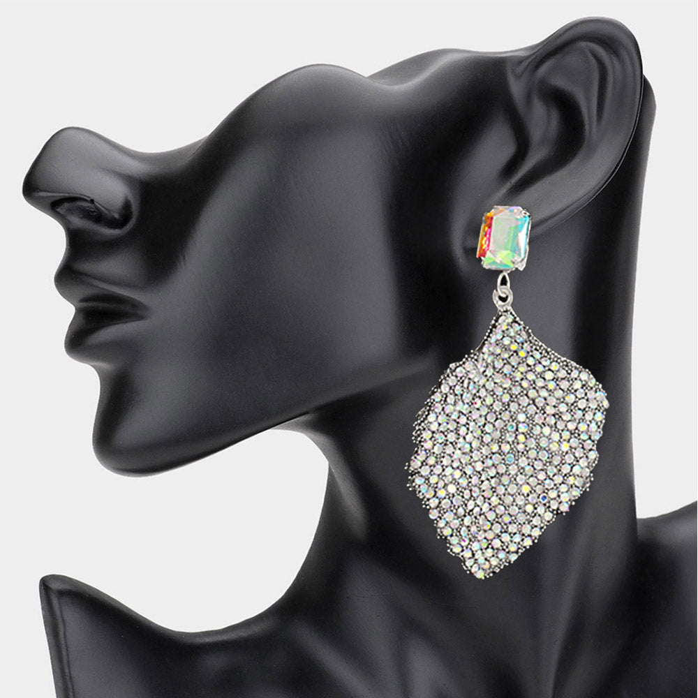 AB Rhinestone Embellished Fun Fashion Leaf Shaped Earrings | Headshot Earrings
