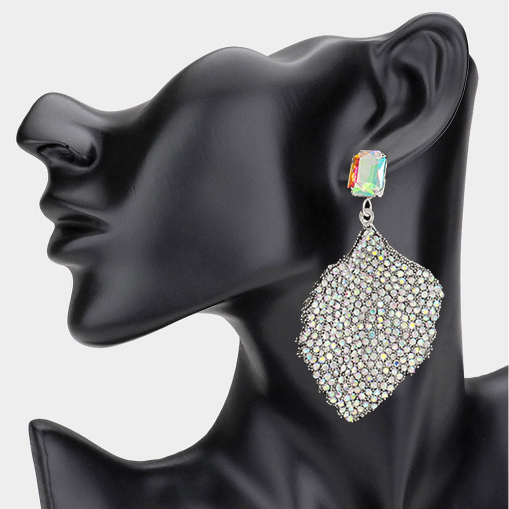 AB Rhinestone Embellished Fun Fashion Leaf Shaped Earrings | Headshot Earrings 