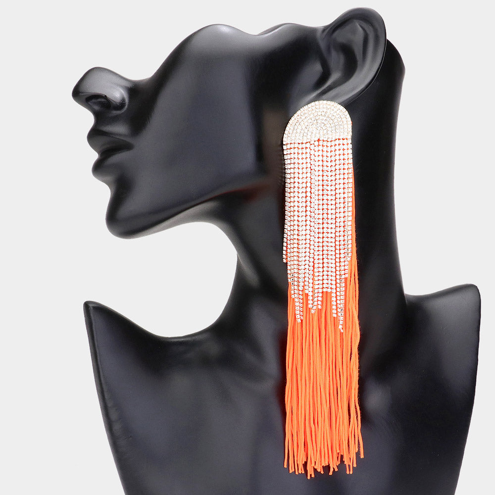 Very Long Rhinestone and Orange Tassel Drop Fun Fashion Earrings | Pageant Runway Earrings
