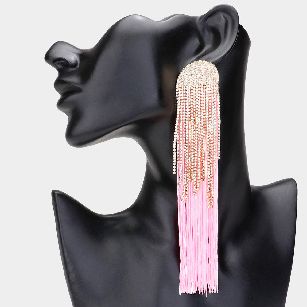 Very Long Rhinestone and Pink Tassel Drop Fun Fashion Earrings | Pageant Runway Earrings