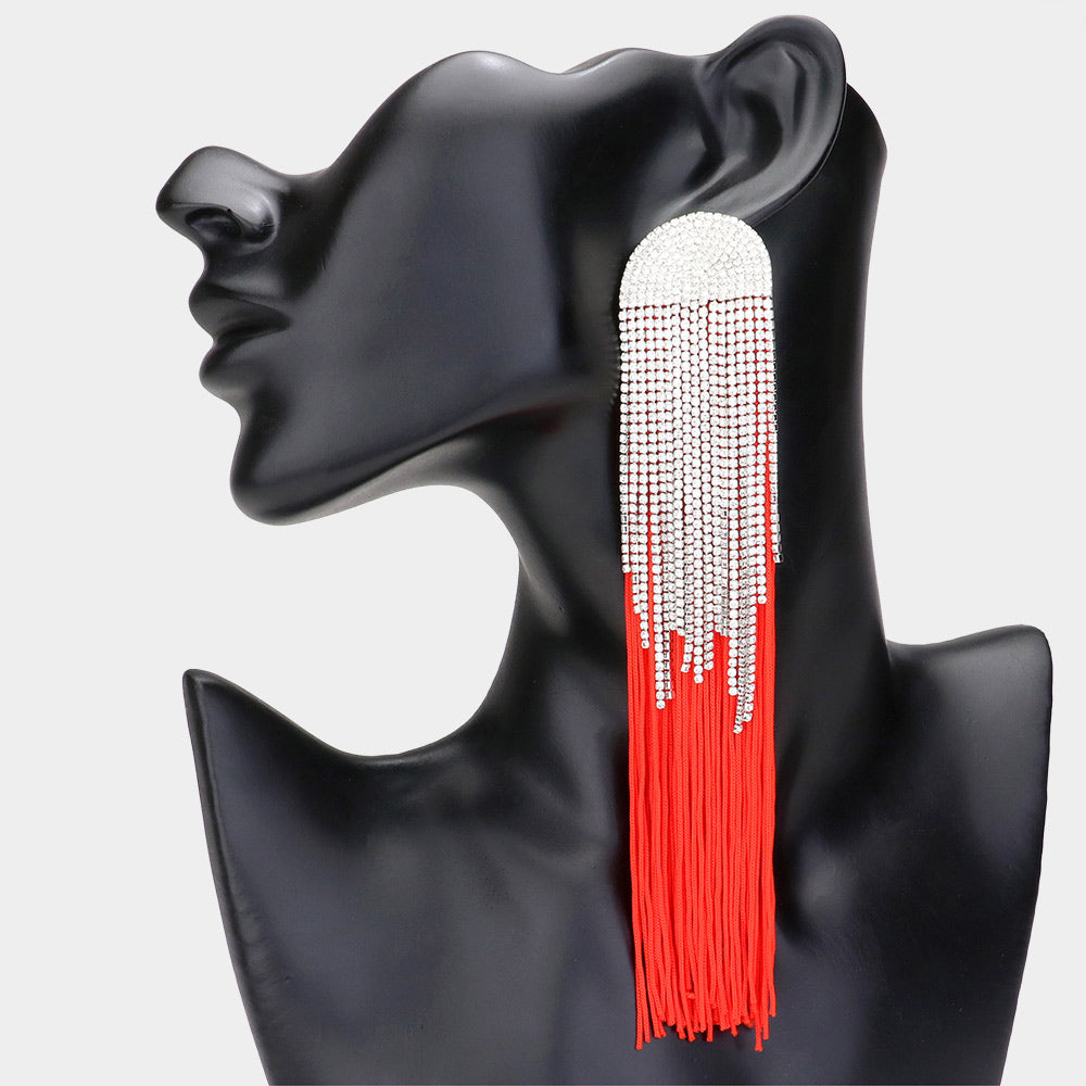 Very Long Rhinestone and Red Tassel Drop Fun Fashion Earrings | Pageant Runway Earrings