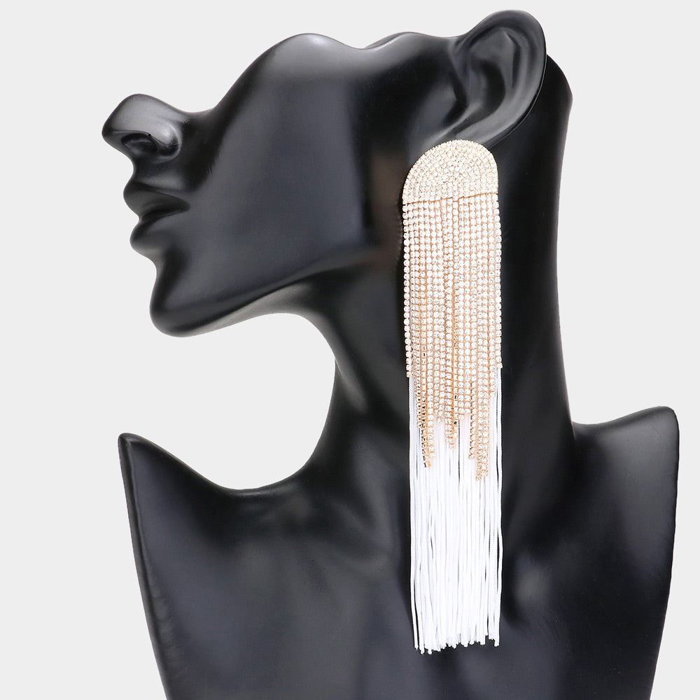 Very Long Rhinestone and White Tassel Drop Fun Fashion Earrings | Pageant Runway Earrings