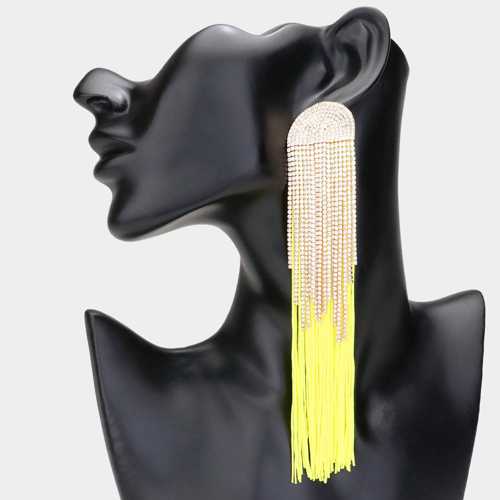 Very Long Rhinestone and Yellow Tassel Drop Fun Fashion Earrings | Pageant Runway Earrings