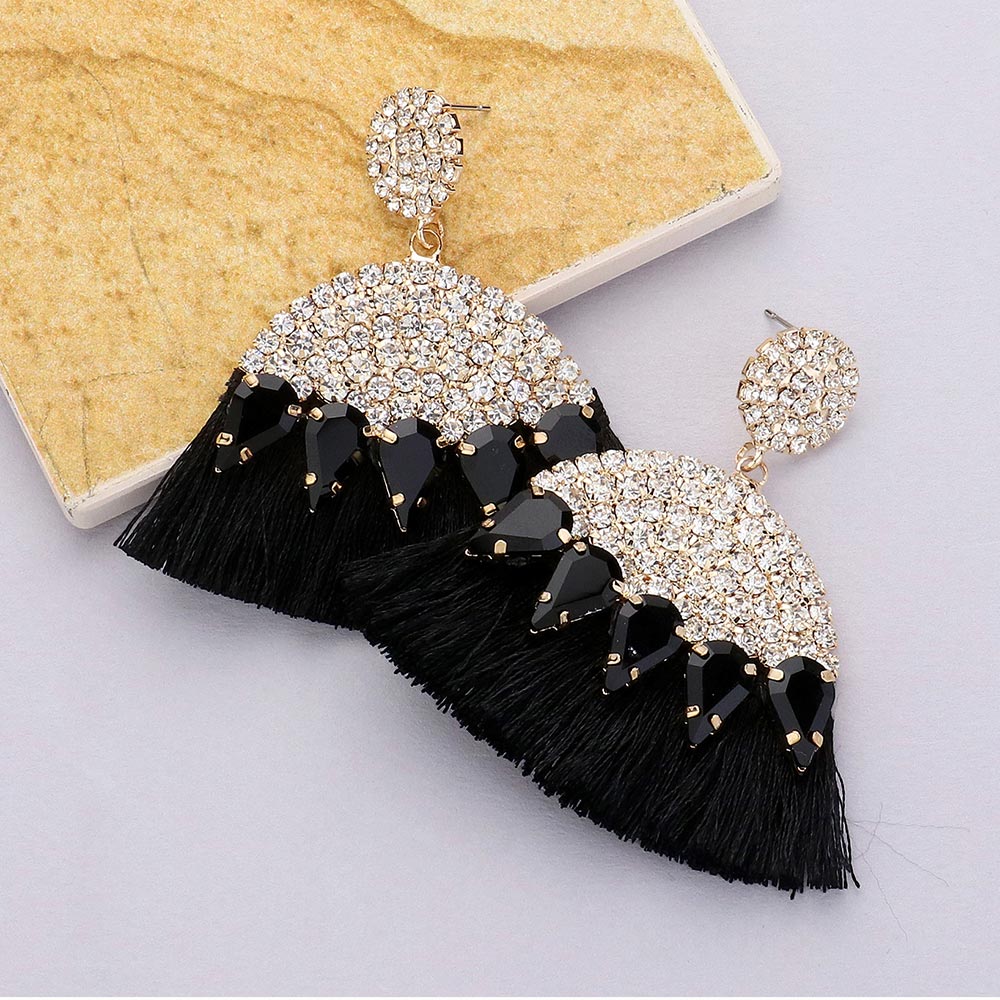 Black Marquise and Rhinestone Fun Fashion Tassel Earrings | Headshot Earrings