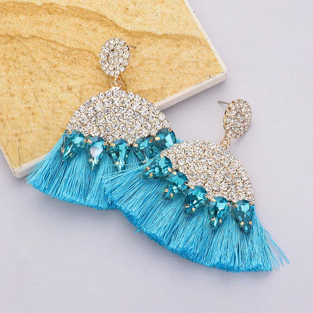 Blue Marquise and Rhinestone Fun Fashion Tassel Earrings | Headshot Earrings