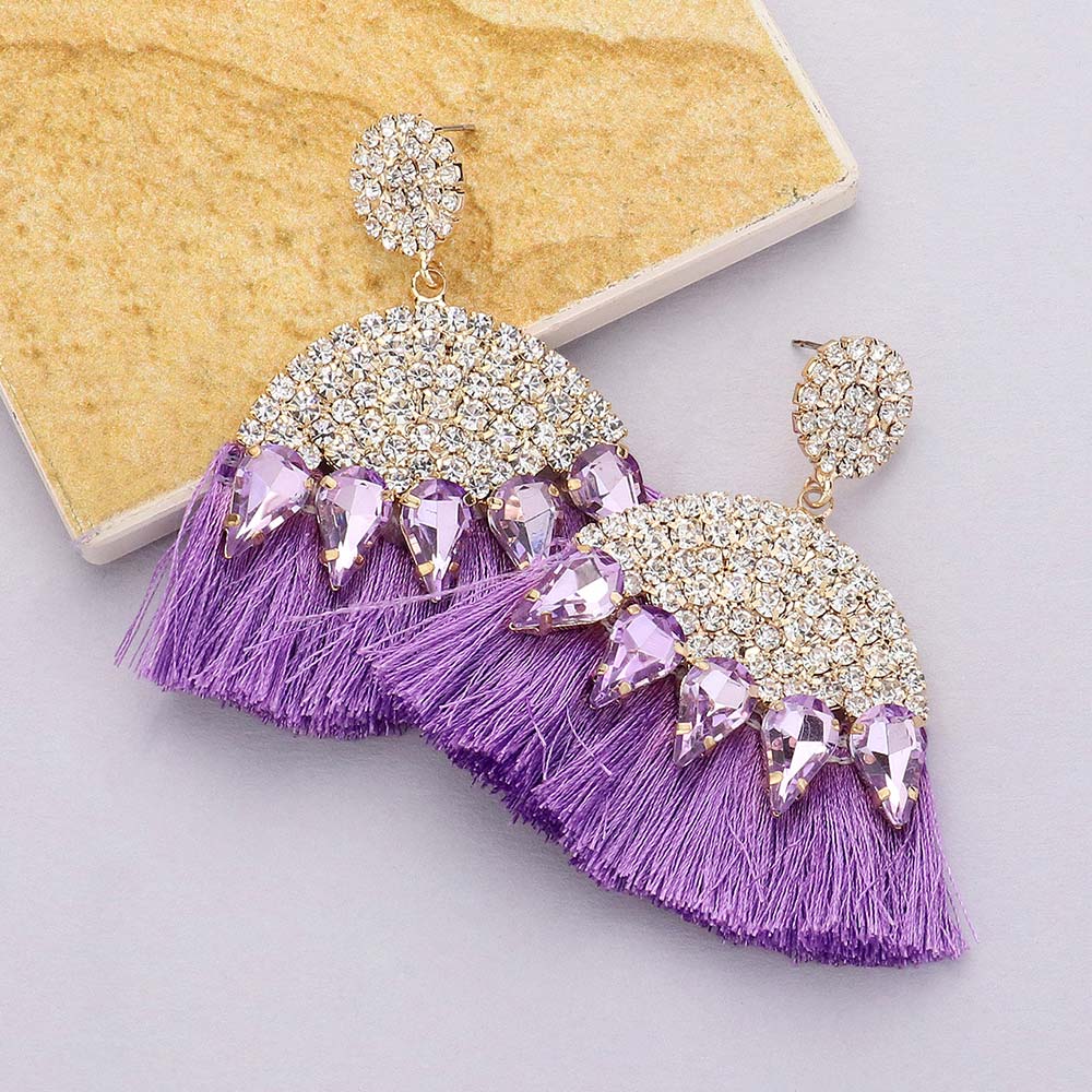 Lavender Marquise and Rhinestone Fun Fashion Tassel Earrings | Headshot Earrings