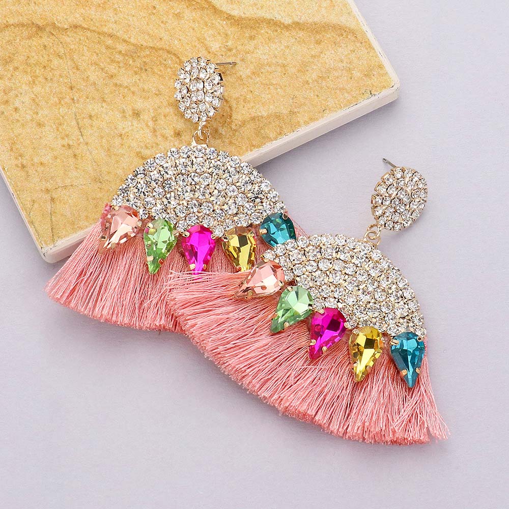 Multi-Color Marquise and Rhinestone Fun Fashion Tassel Earrings | Headshot Earrings