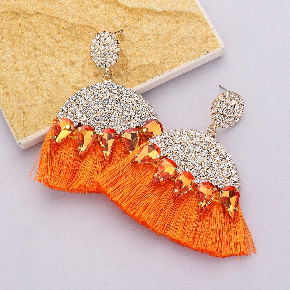 Orange Marquise and Rhinestone Fun Fashion Tassel Earrings | Headshot Earrings