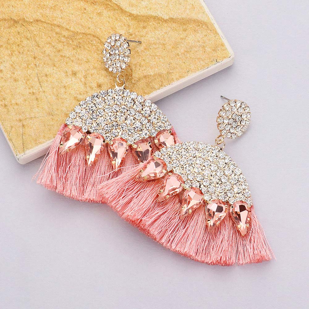 Peach Marquise and Rhinestone Fun Fashion Tassel Earrings | Headshot Earrings