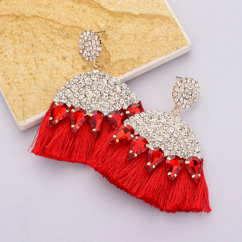 Red Marquise and Rhinestone Fun Fashion Tassel Earrings | Headshot Earrings