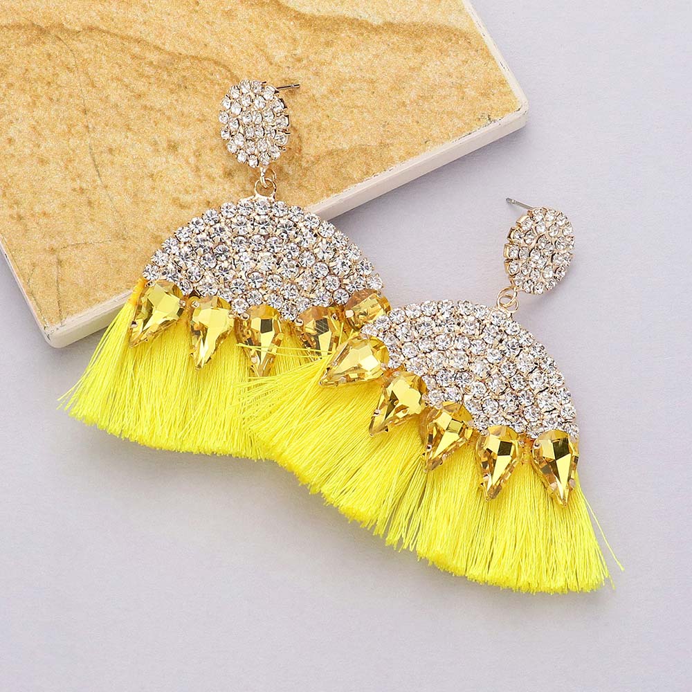 Yellow Marquise and Rhinestone Fun Fashion Tassel Earrings | Headshot Earrings