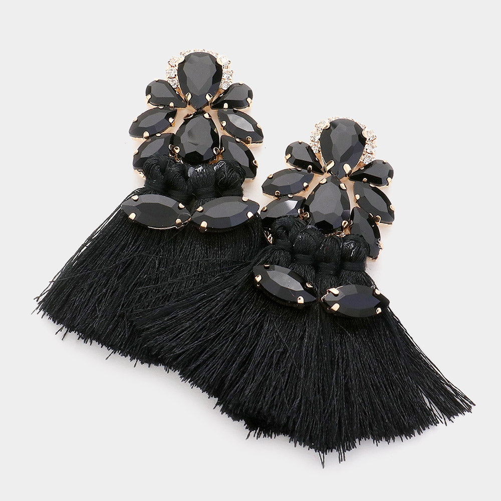 Black Teardrop and Marquise Stone Fringe Fun Fashion Earrings | Runway Earrings
